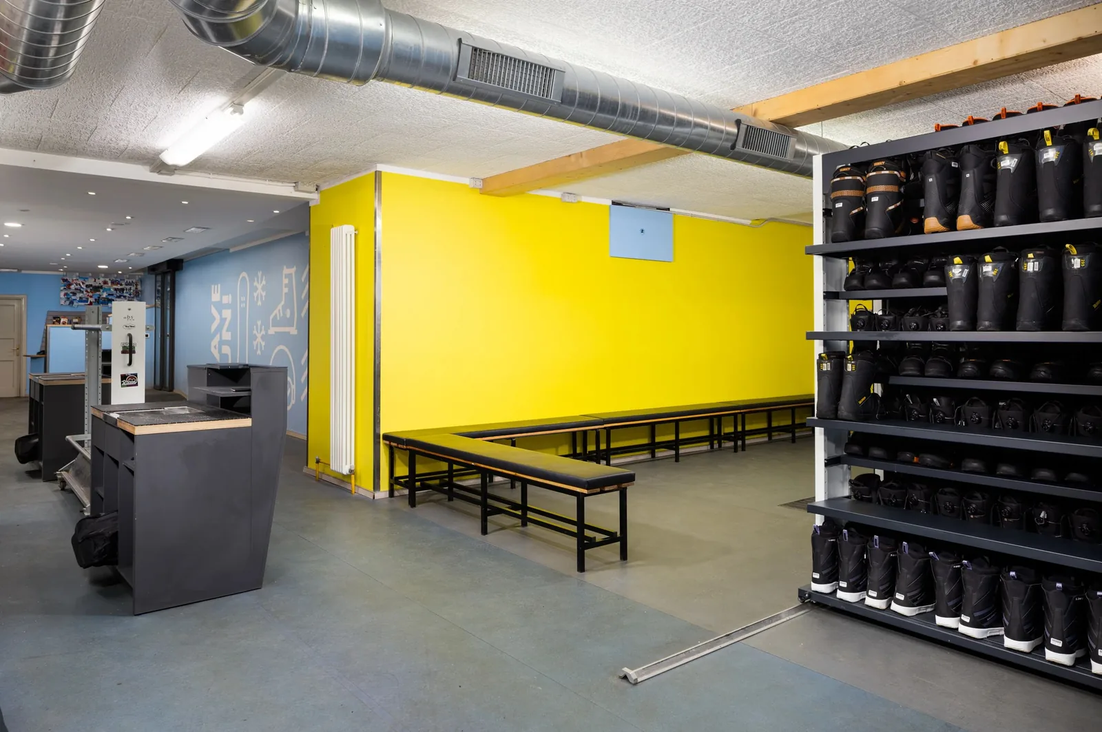 The boot room at the Doss shop