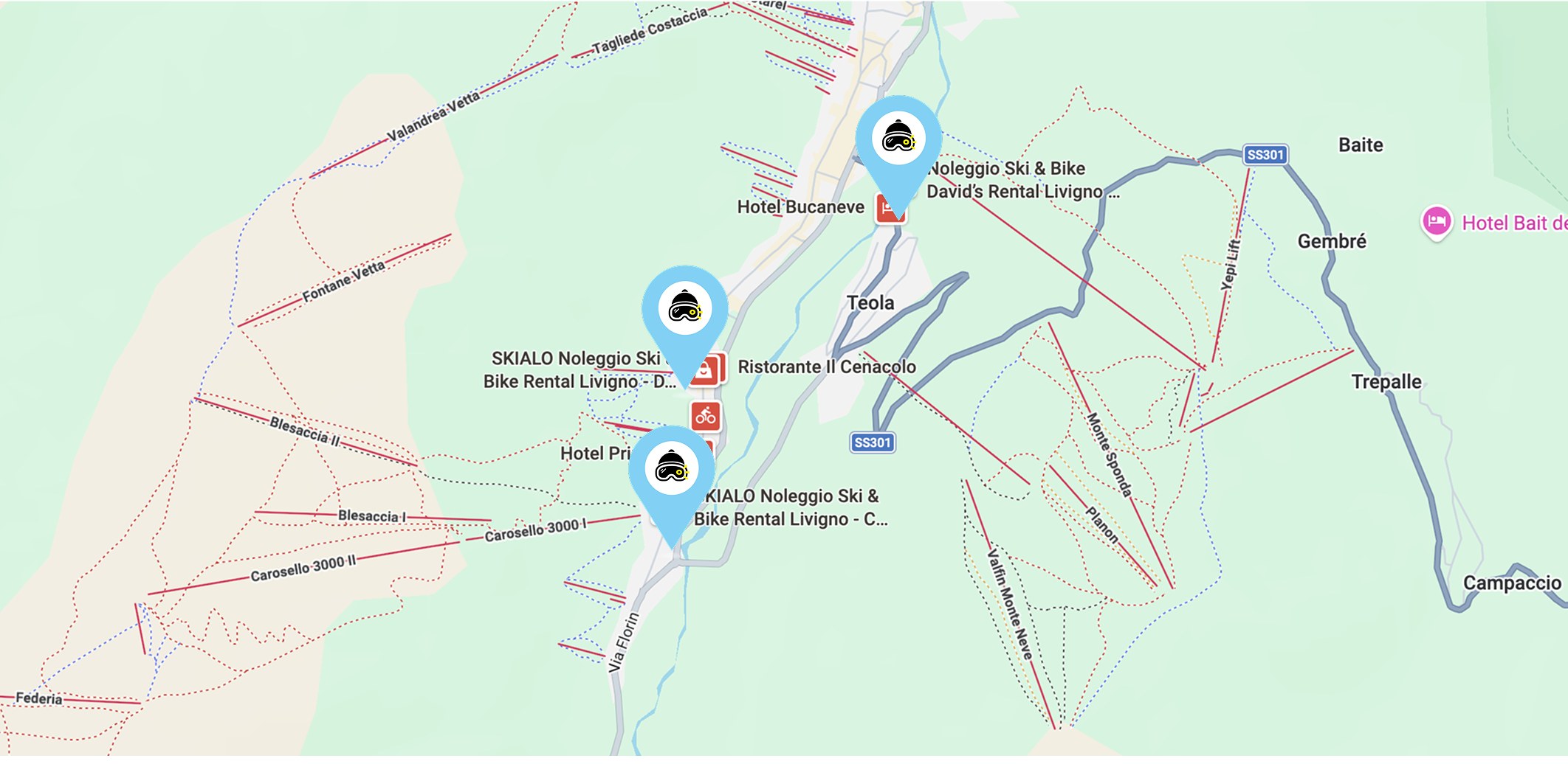 Map of Livigno with the three Skialo pick-up points