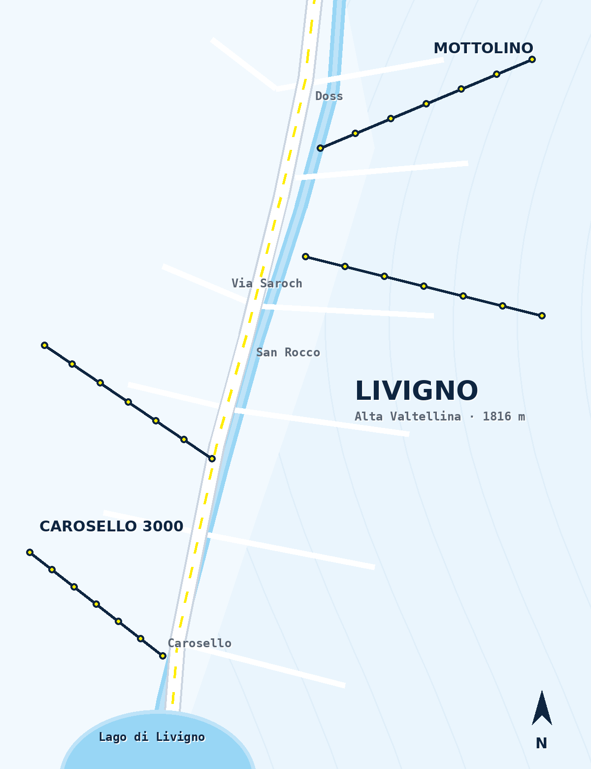 Map of Livigno with the 3 Skialo shops: Doss, San Rocco and Carosello 3000
